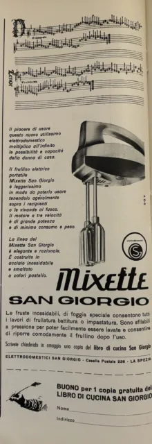 Mixette San Giorgio Frullino pubblicità Rivista La Cucina Italiana Ottobre 1956