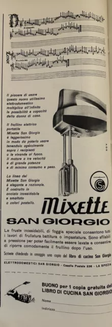 Mixette San Giorgio Frullino pubblicità Rivista La Cucina Italiana Ottobre 1956