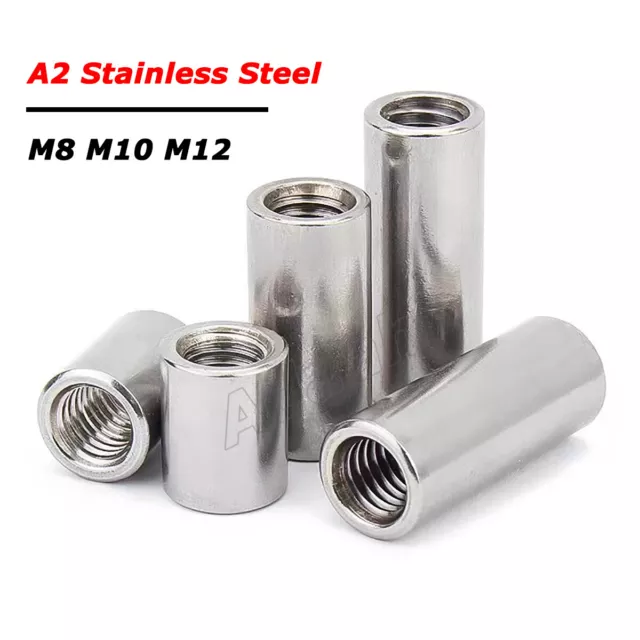 M8 M10 M12 Round Connector Threaded Sleeve Rod Bar Stud Long Nuts A2 Stainless