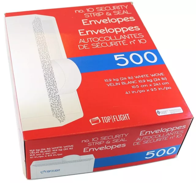 500 Top Flight #10 White Letter Envelopes,Security Strip & Seal,4.1x9.5 in