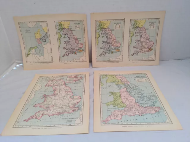 Set of 4 1907 Maps of England Origins Romans Saxons Until 878 A.D. 8.5x7"