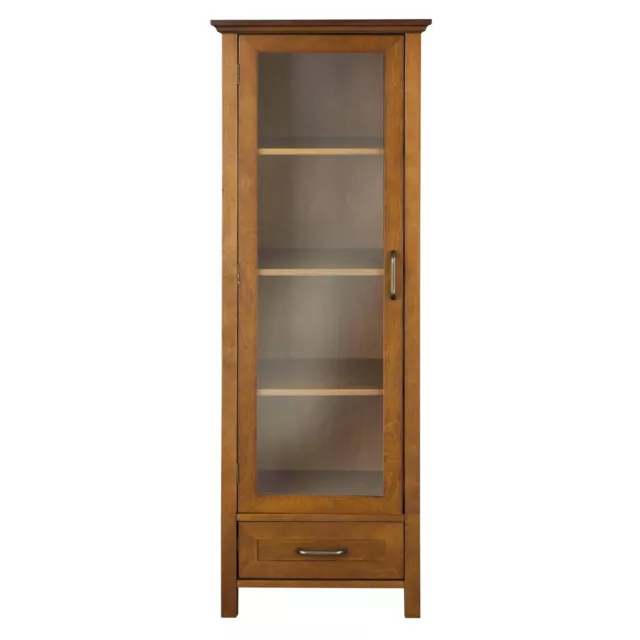 Floor Cabinet Curio Case Display Storage Drawer Glass Doors Oil Oak Finish New