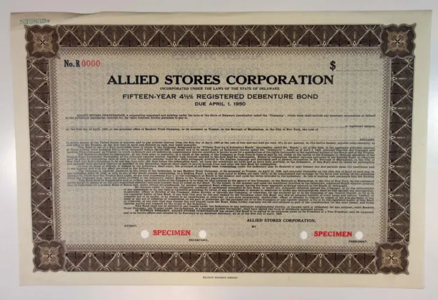 Allied Stores Corp., 1935. Regist Specimen Bond, VF-XF SBN "MACY'S" Dept Store