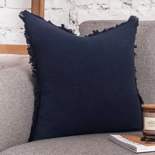 Funda de almohada de lino decorativa inspirada en marfil 20x20 pulgadas - rústica azul marino tiro