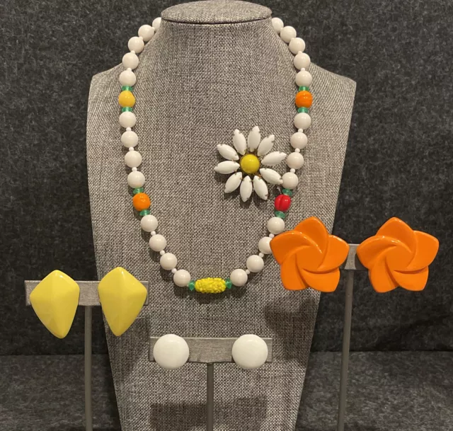 Vintage Plastic Tutti Frutti Necklace Milk Glass Flower Brooch Earrings 60s