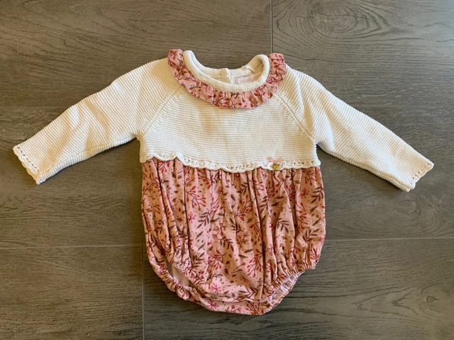 Shabby Chic Baby Girls Romper Outfit Set 3-6 Months Pink Knit Flowers Spanish