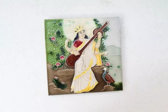Tile Saji Japan Saraswati Raja Ravi Varma Painting Subject Art Majolica Nh3286