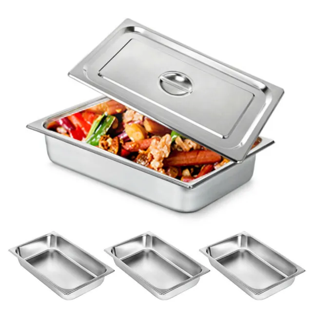 4-Pack Stainless Steel Rectangle Food Pan Silver Large Capacity Non-stick + Lids