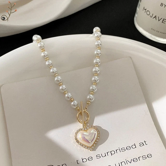 Imitation Pearl Love Necklace Cool and Sweet Simple Gold Pearl Neckl#km