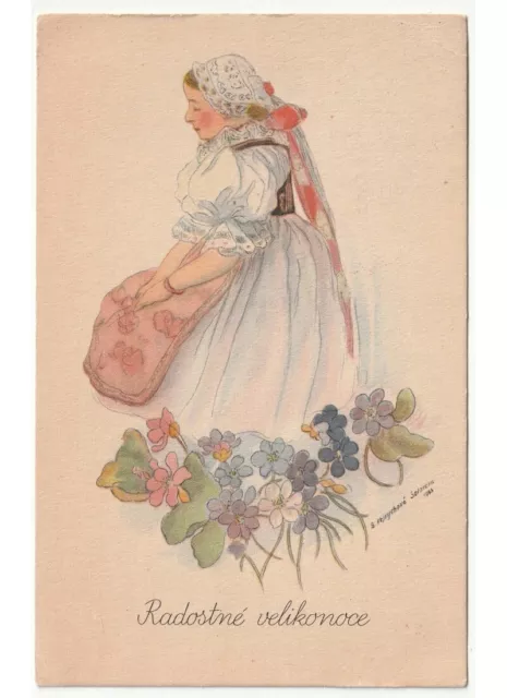 Vejrychova Solarova Petite Fille Costumes Fleurs Carte Postale Pâques Velikonoce