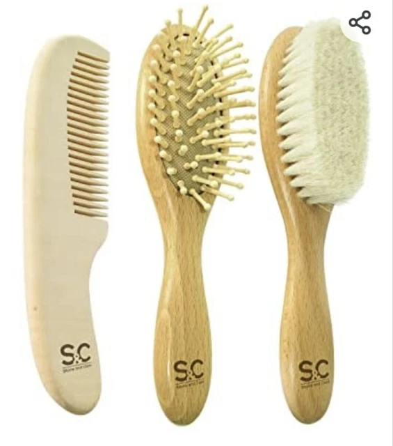3 PC Organic Wooden Baby Hair Brush & Comb Set by Stone & Clark