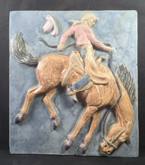 Bronc Busting Cowboy Art Pottery Bas Relief Tile Plaque