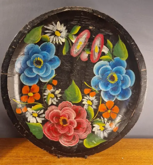 Vintage Mexican Folk Art wooden tray Plate Bowl  handpainted with floral motif