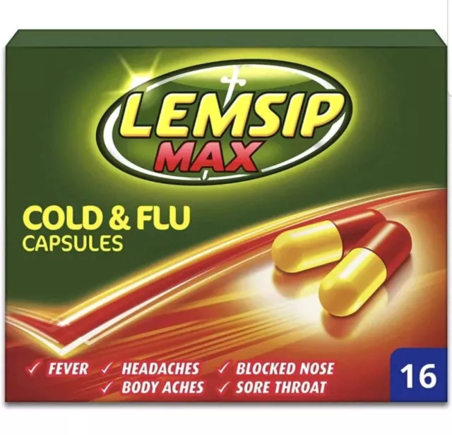 Lemsip Max Cold & Flu Capsules - 16 - Headache, Fever, Sore Throat Relief