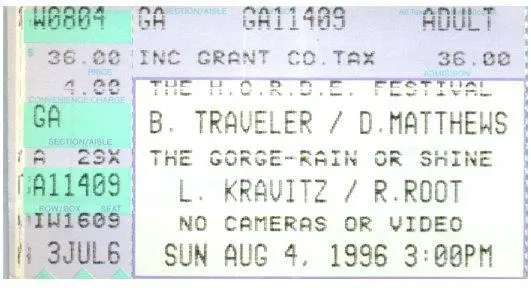 Vintage H.O.R.D.E. Festival Ticket Stub August 4 1996 George WA Dave Matthews