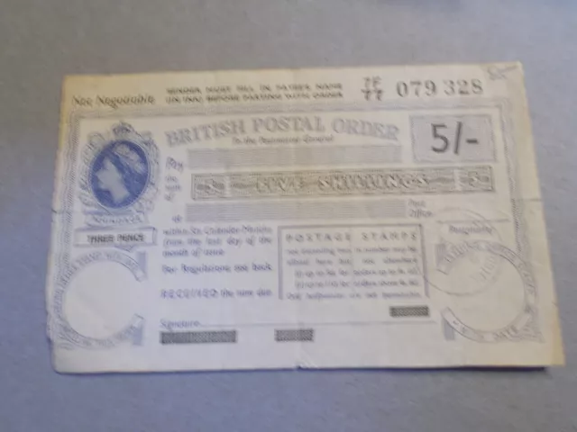 British postal order - QEII, 5/-, Merchant Street, Bristol, 10th June 1966