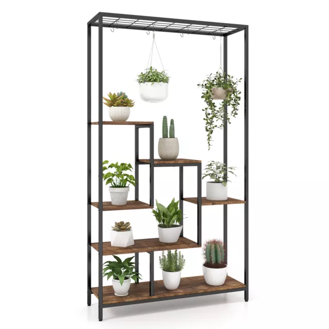 6-tier Tall Plant Stand w/ 10 Hanging Hooks & Wire Shelf for Multiple Plants