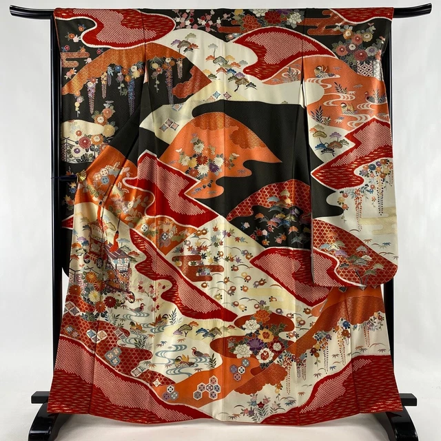 Japanese Silk Kimono Vintage Furisode Gold UME pine tree bamboo vermilion 65in