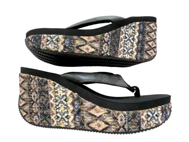 ROPER Women's Size 8 Black Tapestry Thong Wedge Platform Slip-On Casual Sandals 3