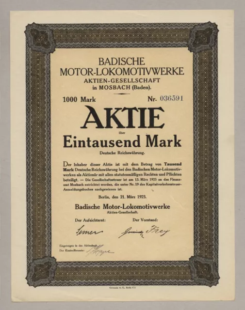 Badische Motor-Lokomotivwerke MOSBACH – Aktie, 1000 Mark, März 1923, mit Kupons