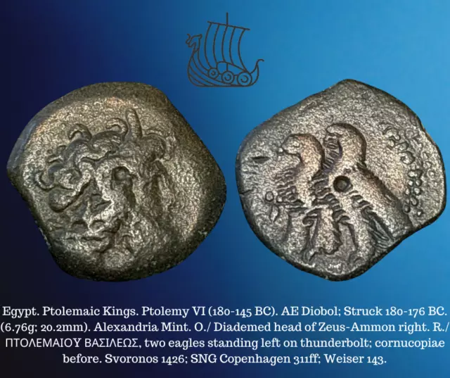180-145 BC Ptolemaic Ancient Egypt AE Diobol Ptolemy VI Eagle & Zeus 6.76g Coin