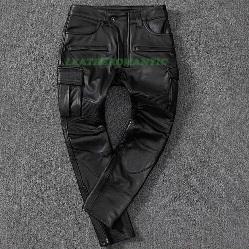 Mens Cow Leather Pants Motorbike Genuine Trouser Black Sleek Sexy Jeans Cargo