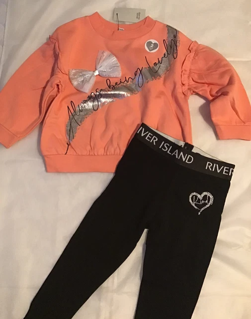 Set felpa con mini ragazze River Island età 2-3 anni fiocco glitter corallo nuovo con etichette