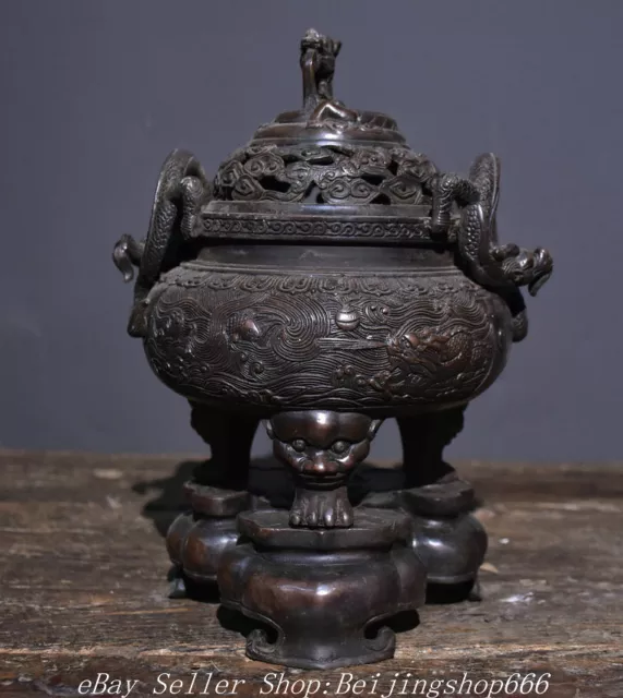 10" Marked Old Chinese Bronze Dynasty Dragon 3 Leg incense burner censer