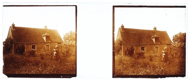 FRANCE woman with her chien house photo c1925 vintage glass plate P74L27n 2