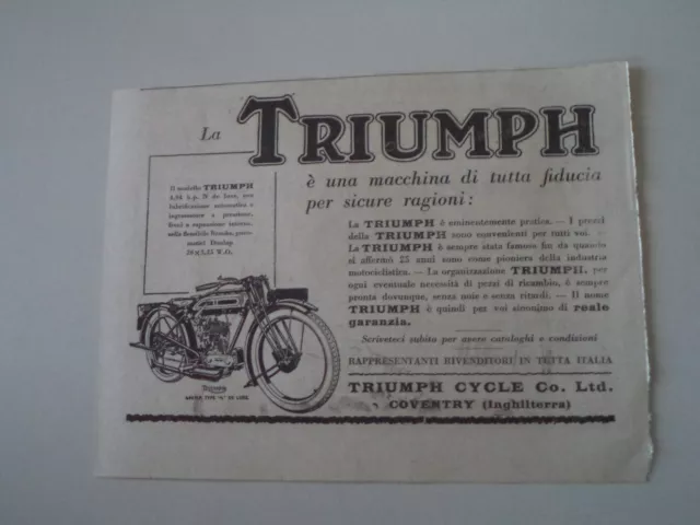 advertising Pubblicità 1927 MOTO TRIUMPH TYPE N DE LUXE