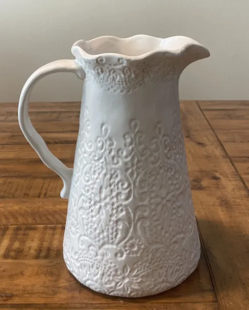 Large Fresh White Farmhouse Ceramic Embossed Pitcher - 2.5 q. Beautiful! Mint