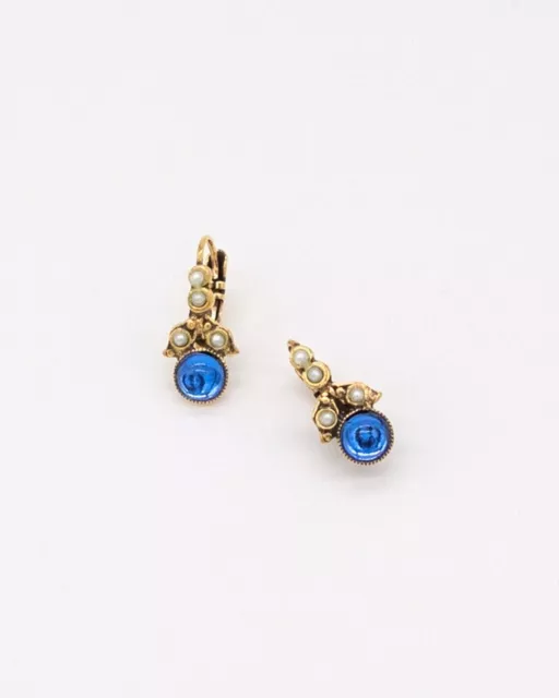 Victorian Art Deco Earring 2Ct Lab Created Sapphire Pearl 14K Yellow Gold Plated