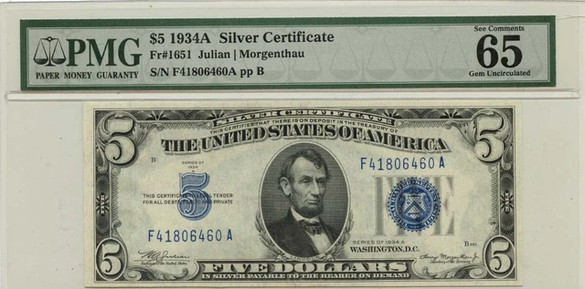 1934A $5 Silver Certificate Blue Fr# 1651 PMG Gem 65 EPQ