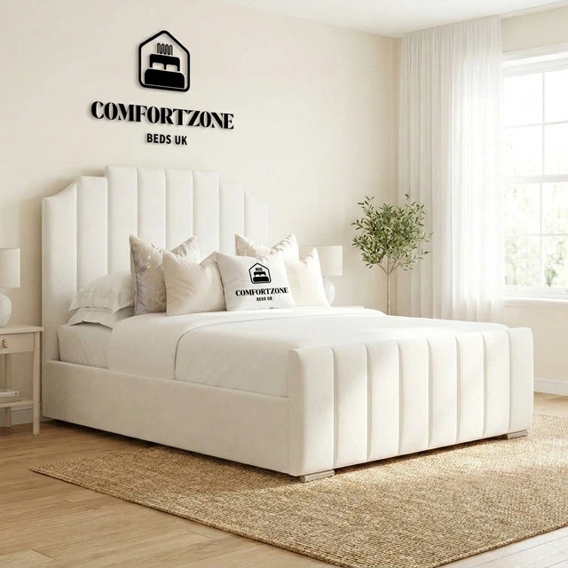 ART DECO PANEL Crown Bed Frame Plush Velvet Upholstered Gas Lift ...