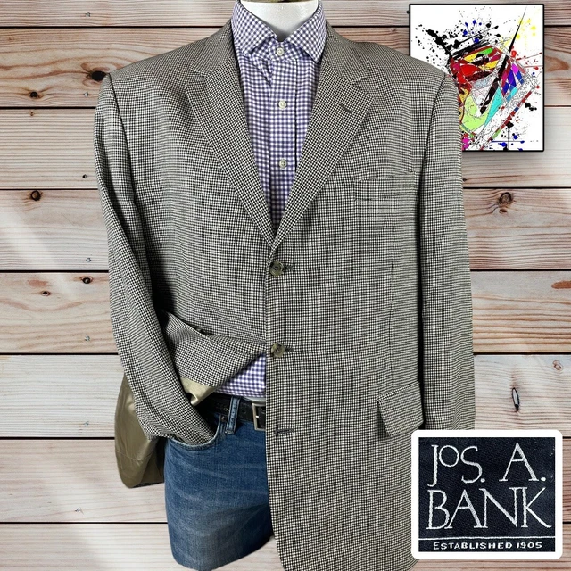 Jos. A. Bank Mens 46R Sport Coat Blazer Silk Jacket Black Gray Houndstooth R4