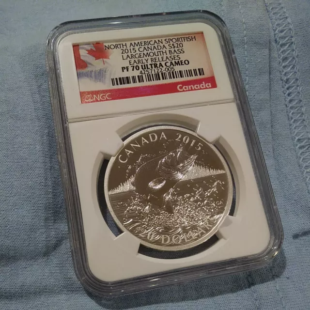 2015 NGC Canada PF 70 ULTRA CAMEO SILVER $20 LARGEMOUTH BASS - EARLY RELEASES -