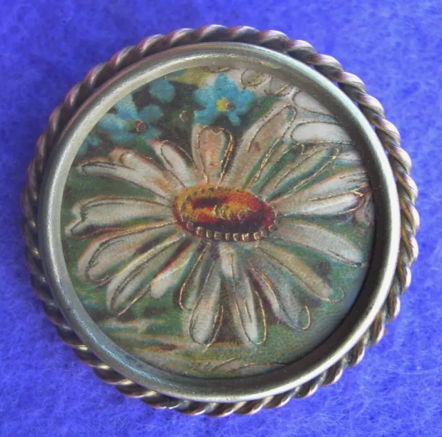 ancienne BROCHE FLEUR DE MARGUERITE chromo sous celluloid cerclage laiton