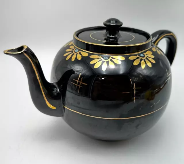 Vintage MCM Teapot Black and Gold Floral Design Ellgreave Burslem England 8907