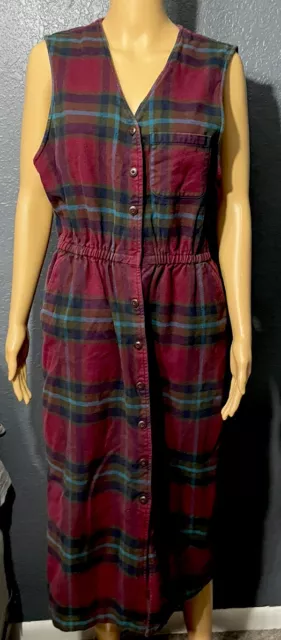 Vintage 90’s Eddie Bauer Flannel Dress Plaid Sz L Sleeveless Burgundy Blue Green