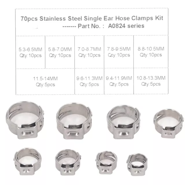 70Pcs Single Ear Hose Clamp Kit Stainless Steel Stepless 9 Specifications Clamp❤