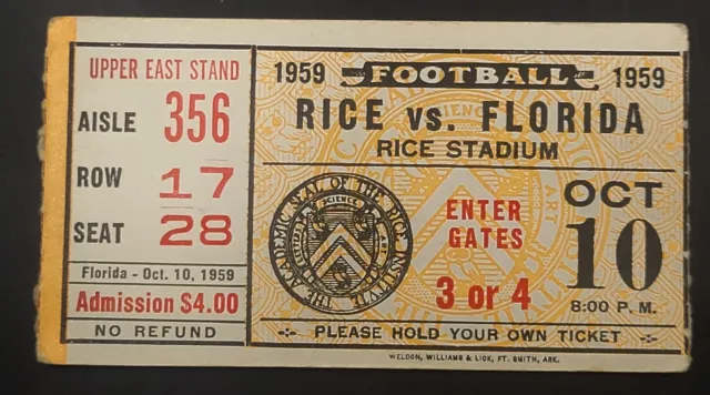 1959 Florida Gators Vs Rice Owls Football Ticket Stub Rice Stadium