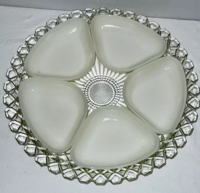 Anchor Hocking WATERFORD WAFFLE CRYSTAL 13 3/4" RELISH TRAY w/ IVORY INSERTS