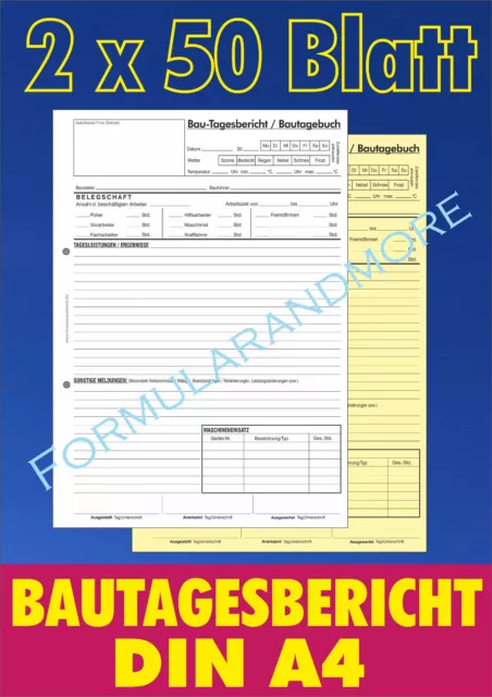 DIN A4 BAUTAGEBUCH, Bau-Tagesbericht, 2 x 50 Blatt, selbstdurchschreibend NEU