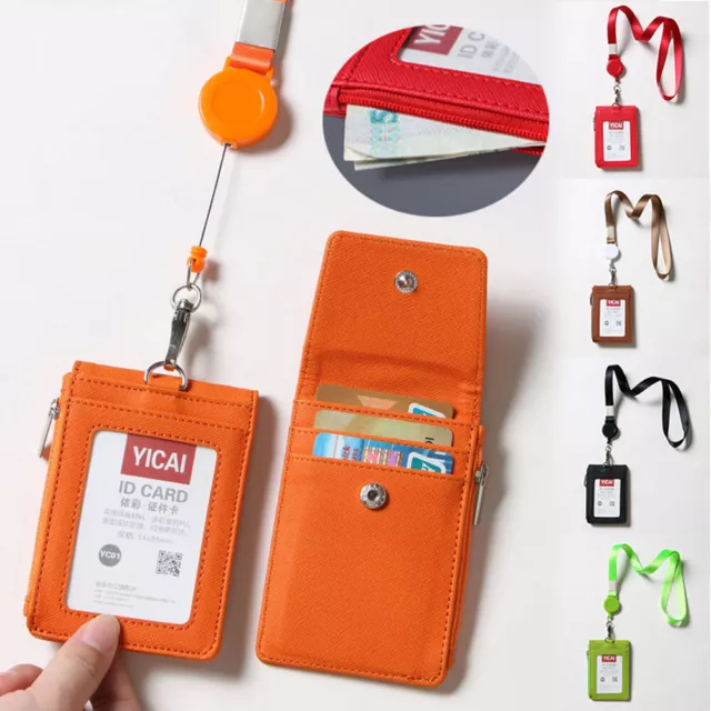 Leather 4-Slot ID Card Holder Badge Wallet Pocket W/ Retractable Neck Lanyard