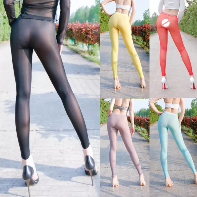 Womens Glossy See-through Pantyhose Solid Color Stretchy Zipper