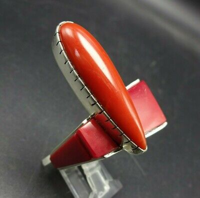 Museum Quality NANA PING Sculptural Sterling Silver RED CORAL Inlay RING size 8