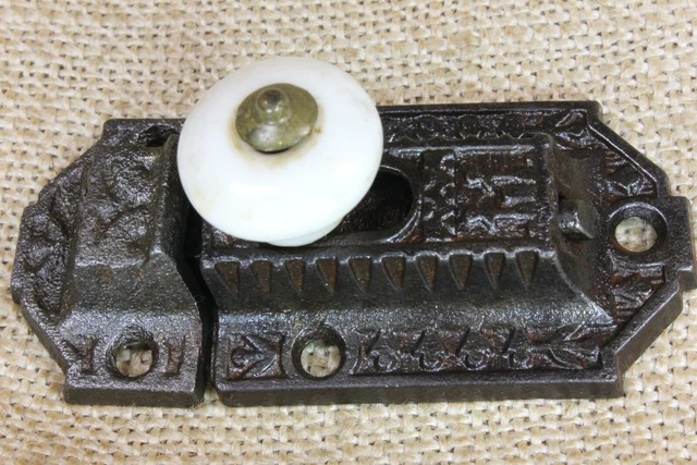 Old Cabinet Latch Cupboard Catch White Porcelain Knob Windsor Vintage Cast Iron