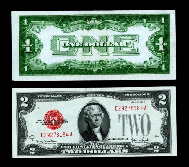 1928 $1 Funny  Back Silver Certificate - 1928 $2 Red Seal Legal Tender Note Unc.