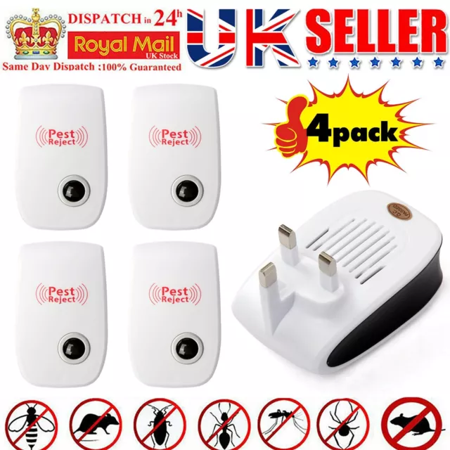 4 Pack Ultrasonic Pest Control Repeller UK Plug-in Reject Rat Mouse Mice Spider