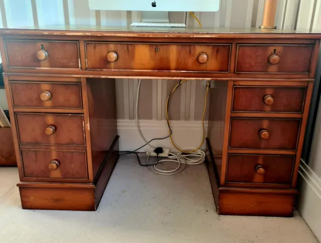 Yew Pedestal Office Desk with Green Leather top and lockable drawers